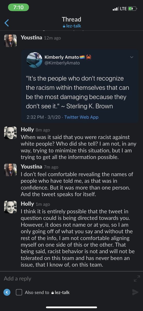 This was the first time I brought up said concerns to Holly, the founder, and it was EXTREMELY mishandled. As a white person, telling a poc that “I don’t think their intent was to be racist” (which she had told me over the phone at a later time) is a form of racial gaslighting.