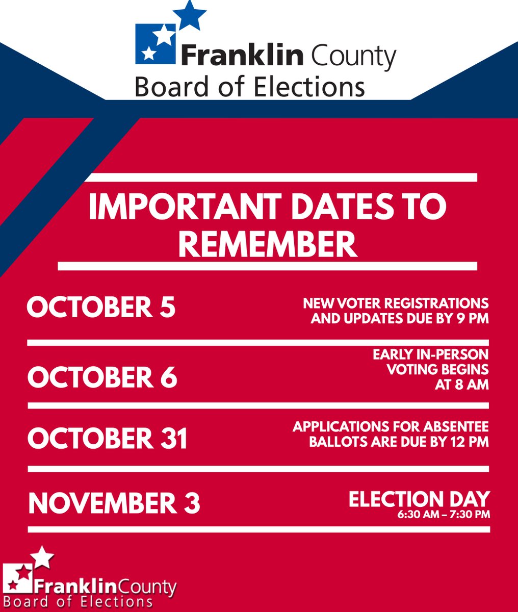 FranklinCoBOE's tweet image. Election Day is coming soon, so here’s a handy reminder of some important dates between now and then! Go to bit.ly/VoteOhio to register to vote and update your information today.