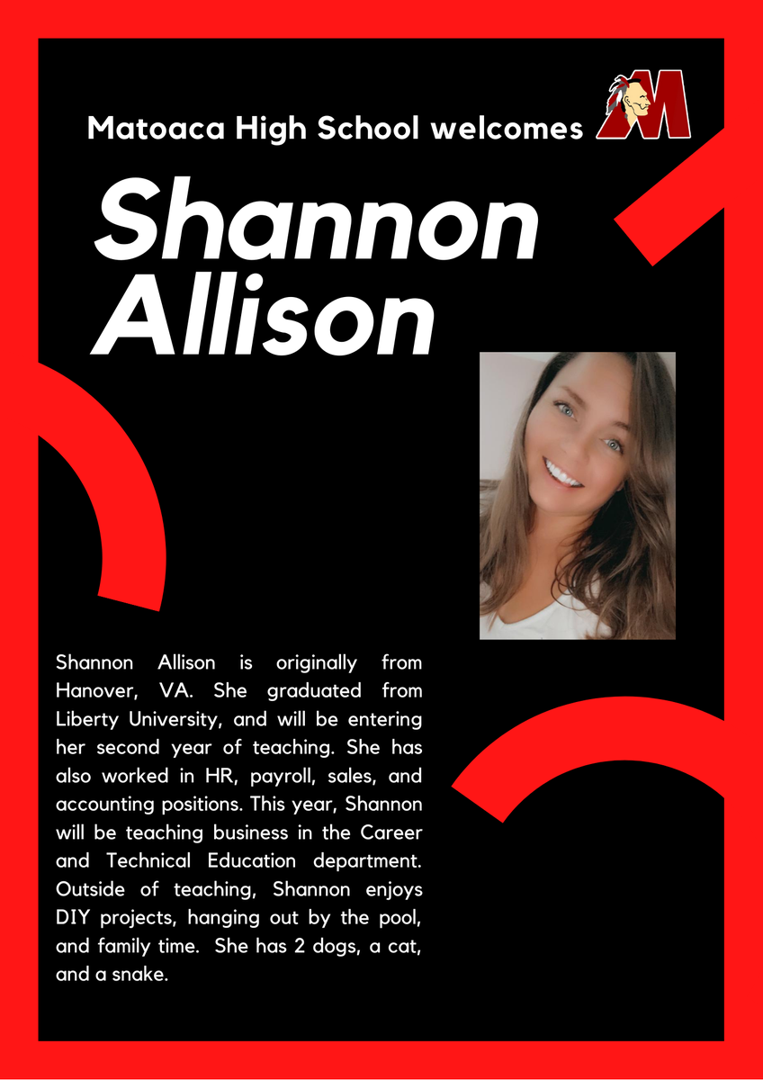 Matoaca High School (@matoacahighs) on Twitter photo Matoaca welcomes Shannon Allison to the Warrior faculty!
<a href="/ElizabethSBaber/">Elizabeth Baber</a> <a href="/matoacahsathlet/">Matoaca Athletics</a> Matoaca welcomes Shannon Allison to the Warrior faculty!
<a href="/ElizabethSBaber/">Elizabeth Baber</a> <a href="/matoacahsathlet/">Matoaca Athletics</a>