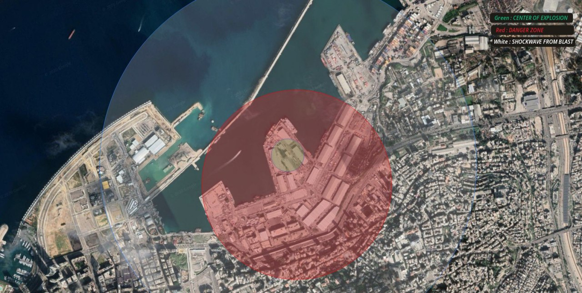 Beirut, Lebanon“Tonnes of confiscated nitrate” was reported present in the area of the initial explosion, via  @AuroraIntel Green: Center of explosionRed: Danger ZoneWhite: Shockwave from the blast