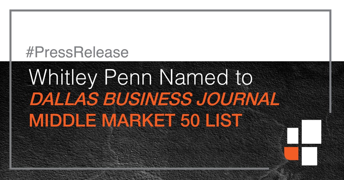 Whitley Penn is proud to announce that the firm has been listed to the Dallas Business Journal’s Middle Market 50 list! The official rankings will be revealed in a virtual event, Wednesday, September 9th, be on the lookout for this upcoming news!

bit.ly/3gw9bUQ