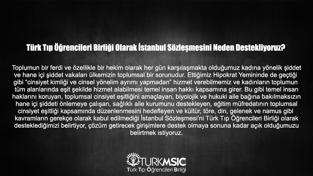 kocunitob's tweet photo. Kadına karşı şiddet ve hane içi şiddeti önlemede önemli bir yer tutan İstanbul Sözleşmesi’ne Türk Tıp Öğrencileri Birliği ve geleceğin hekimleri olarak destek verdiğimizi belirtiyor ve bağlı kalmamız gerektiğini düşünüyoruz. #İstanbulSözleşmesiYaşatır @turkmsic https://t.co/7n2T2Bq9KL