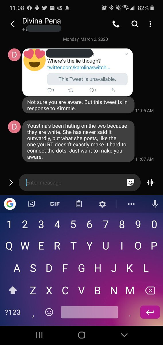 One of the two poc staff members mentioned above, A, sent me a screenshot of a text Divina sent her, which very clearly states her opinion that I am “racist against white people.”