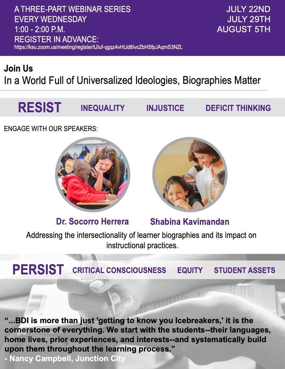 CIMAKSTATE's tweet photo. Join us for our last FREE webinar on August 5th, 2020 at 1pm CT.
When Biography Matters: Creating linguistically and culturally rich ecologies through strategies that activate, connect, and affirm.
To register, please click on the link below.
https://t.co/8ZC0zmOfhz https://t.co/Hd1dWTr6SP