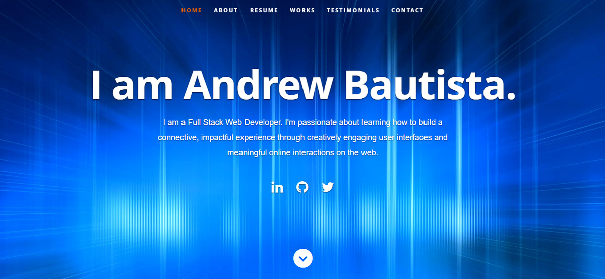 AMBWebDev's tweet photo. A preview of my reworked Portfolio.
I've been told the portfolio I have now is okay, but doesn't stand out. I'm hoping this will allow me to stand out just a bit more. Hopefully, I'll have it done by this week!
#codinglife #dadsthatcode #react https://t.co/78CfCDtzFR