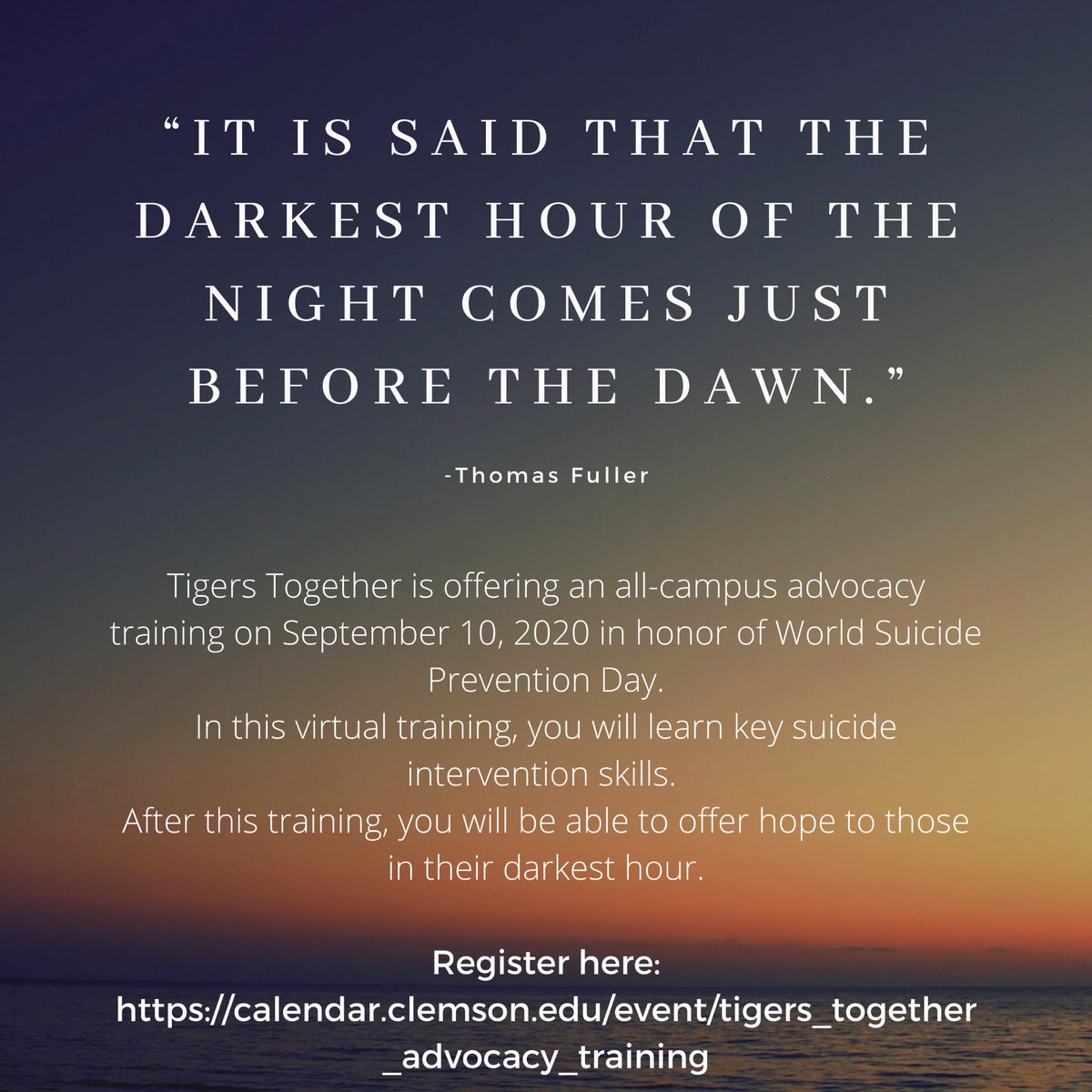 In honor of World Suicide Prevention Day and Suicide Prevention Month, Tigers Together is offering an all-campus suicide prevention training

Virtual Event: Thursday, September 10 at 10:30am to 12:00pm

Register here: calendar.clemson.edu/event/tigers_t…