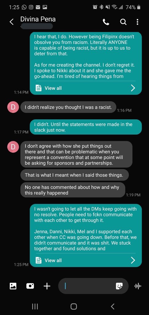 Poc staff member A sent me this, a convo between her and Divina. More accusations of me being racist against white people. More people not owning up to their own racism.