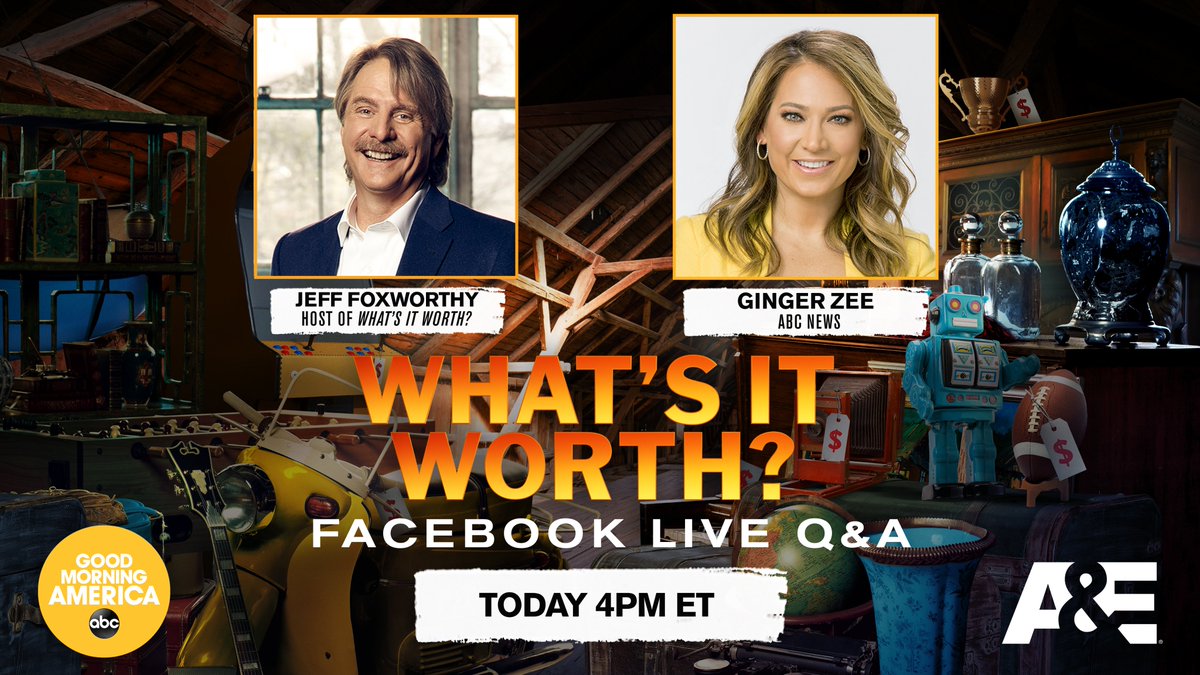 TODAY AT 4PM ET: Tune in as <a href="/GMA/">Good Morning America</a>’s <a href="/Ginger_Zee/">Ginger Zee</a> chats with <a href="/foxoutdoors/">Jeff Foxworthy</a> about his new series <a href="/WhatsItWorthAE/">What's It Worth?</a>  LIVE on our Facebook page ahead of the series premiere TONIGHT at 9PM on A&amp;E!
