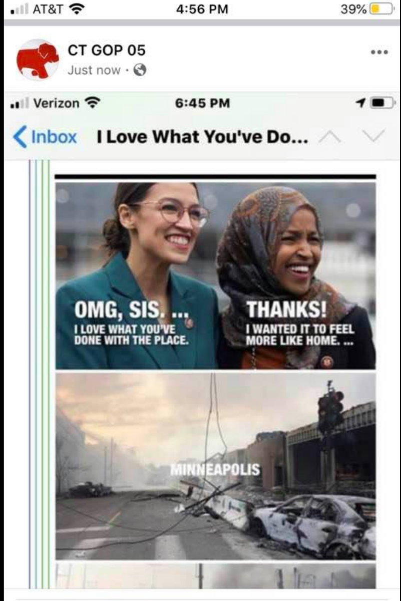 mmaren's tweet photo. This is the disgusting racist ad being run on behalf of @DavidXSullivan, Republican running in CT-5 against @RepJahanaHayes.  Restore decency. Support Jahana!

https://t.co/4SdsVbFHeX https://t.co/Fzb8qog55e