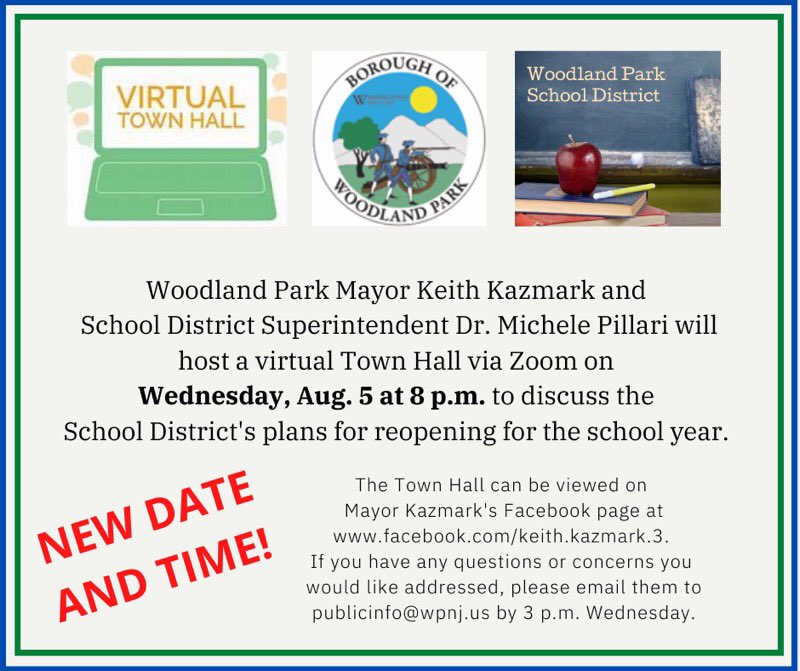 ChrisTiseo's tweet photo. Please take note of the new date! 

Virtual Town Hall on Wednesday August  5th at 8pm with Superindent Dr. Pillari and Mayor Kazmark. 
Questions/concerns can be emailed to publicinfo@wpnj.us

Thank you and please be safe. https://t.co/UOcS8vNXUW