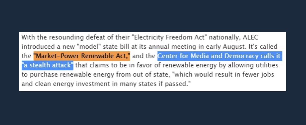 When this particular instance of  #CopyPasteCorruption failed in states like Arizona & Georgia, ALEC didn’t give up. Instead, they introduced a "Market-Power Renewable Act," which was designed to eliminate clean energy jobs & investment. Read more https://www.tucsonweekly.com/tucson/the-battle-for-a-solar-arizona/Content?oid=3880921