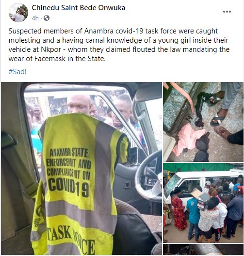 Naija_PR's tweet photo. Some Anambra State task force officials have been nabbed while allegedly sexually molesting a girl they accused of flouting the law on wearing of face mask. 

See photos https://t.co/Ds4WGUc7Yb