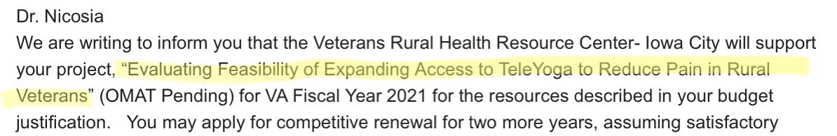 Exciting news! My grant to expand rural #Veteran access to #yoga is getting funded! Looking forward to launching a new TeleYoga program based at @SFVAMC. #CIH #WholeHealth #IntegrativeHealthEquity