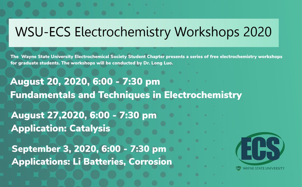 waynestatechem's tweet photo. The @ECS_Wayne presents a series of free #electrochemistry workshops for graduate students. The workshops will be conducted by Dr. Long Luo. 

All attendees must fill the survey to confirm their attendance: https://t.co/K8SAj5wDCm

#WSUchemistry #WSUECS https://t.co/5KUWHCZy7d