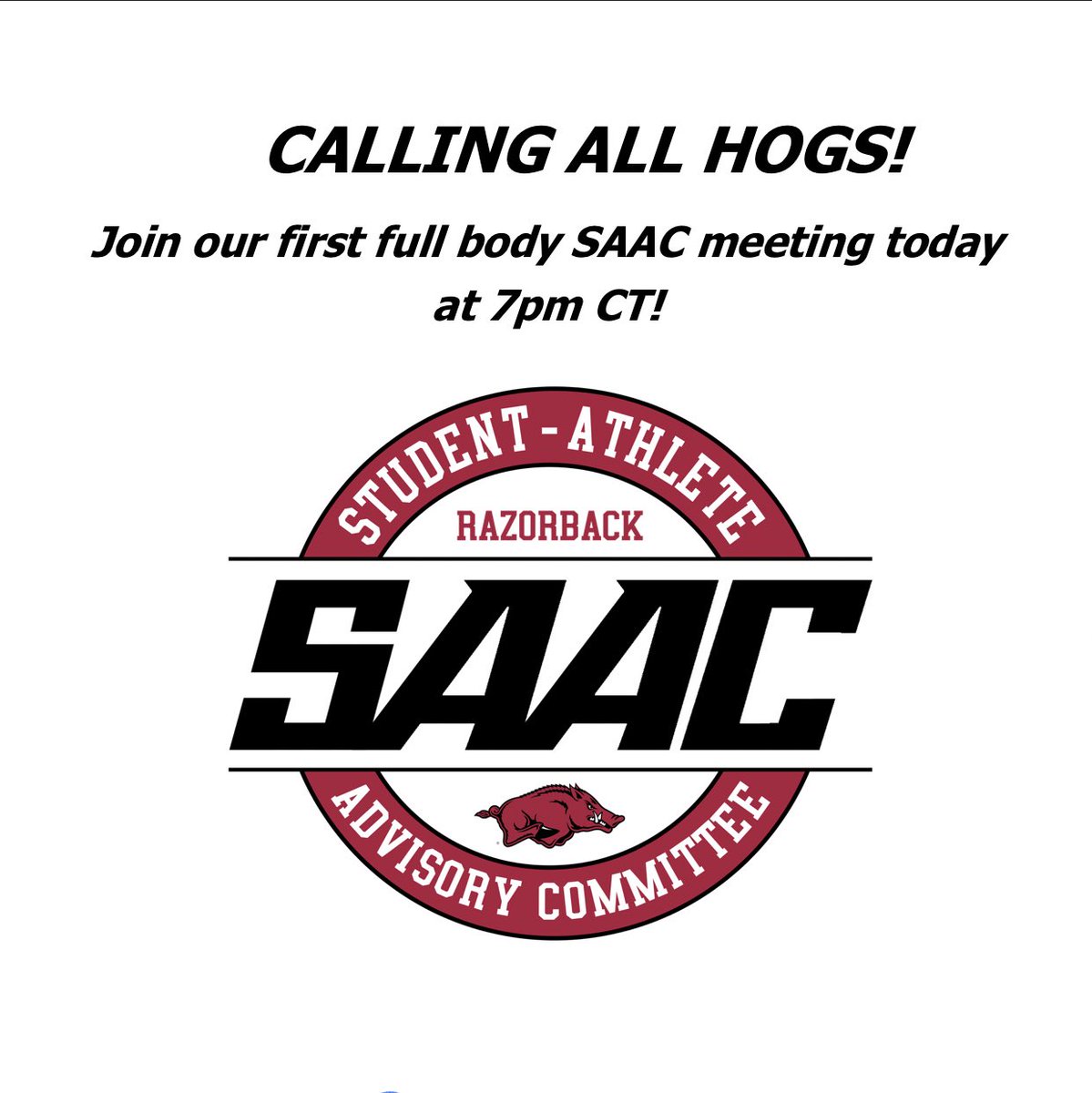 RazorbackSAAC's tweet photo. 🚨FIRST SAAC MEETING TONIGHT🚨 If you will be able to join us tonight please message this account for the access password, can’t wait to see you there!

https://t.co/ZWTmB7eMaN https://t.co/xlDUyYEgCn