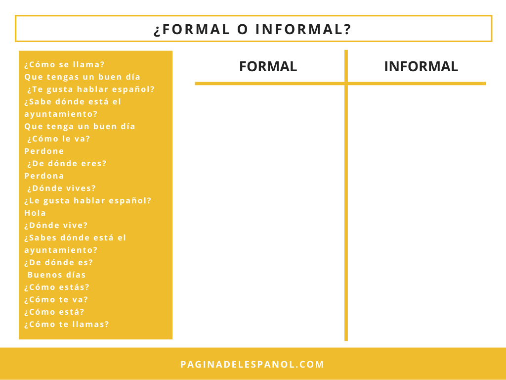 paginaespanol's tweet photo. Decide si estas frases se utilizan en situaciones formales o informales, aquí puedes hacer la actividad interactiva: https://t.co/iqTb2QDll8 https://t.co/njXlAYs3zB