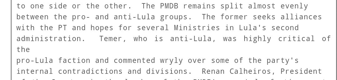 As revealed by Wikileaks in 2010, Temer was a US embassy informant as of 2006 and hated Lula. Even US embassy knows PMDB is just a vehicle foe political patronage.Perfect guy to pick for your vice president, if you don't want to stay in office. https://wikileaks.org/plusd/cables/06SAOPAULO689_a.html