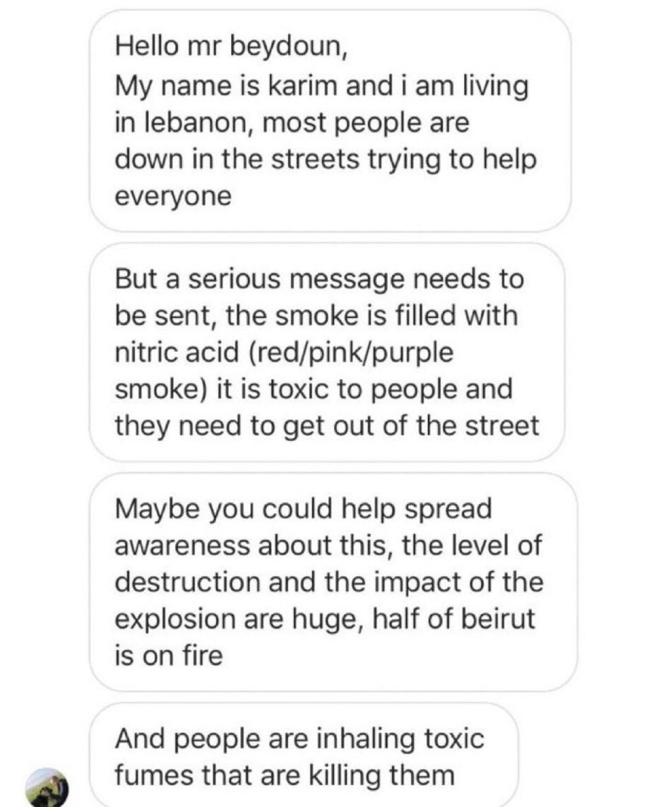 ‼️ ATTENTION ‼️

if you live in #Beirut, please stay inside because the smoke from the explosion contains nitric acid and its toxic.. please stay indoors and stay safe #Lebanon