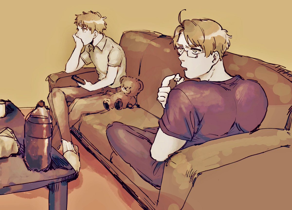 america (hetalia) multiple boys 2boys male focus couch glasses blonde hair stuffed toy  illustration images