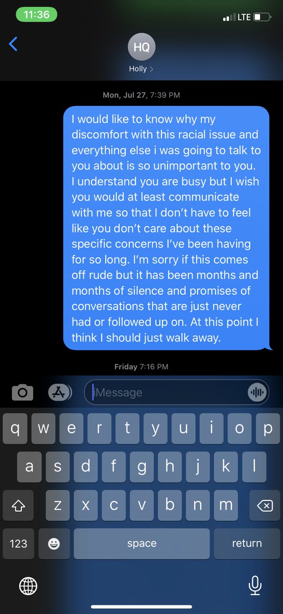 Over the past month and a half, I have tried to contact her several times to have the onversation she promised me, where I can finally address all my concerns. And instead of taking the time to reply to me, she texts someone else to tell me she doesn’t have time for me. Nice.