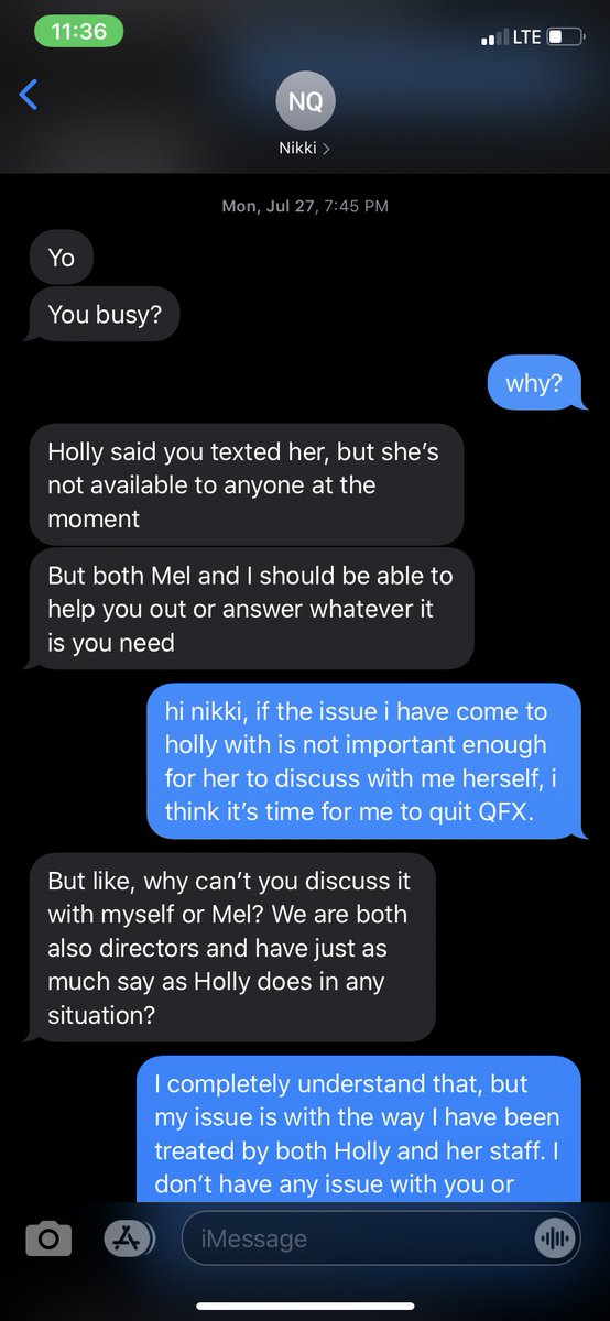 Over the past month and a half, I have tried to contact her several times to have the onversation she promised me, where I can finally address all my concerns. And instead of taking the time to reply to me, she texts someone else to tell me she doesn’t have time for me. Nice.