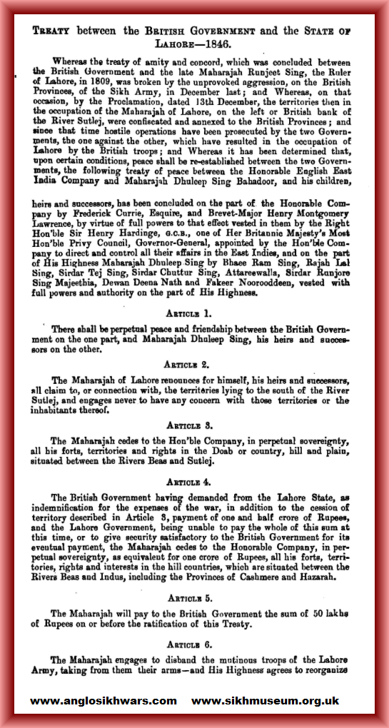 20/162Interestingly, Gulab Singh stayed neutral and instead, spent time building bridges with the Brits.A March 9 Treaty of Lahore signaled the end of the war. Much happened in this treaty (Koh-i-Noor fell in British hands for the first time) but we'll only dwell on one.