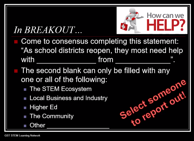 ljblank's tweet photo. Great breakout discussion at the @gstsln Summer #STEM Academy.
@EmpireSTEMNY @north_stem @STEMecosystems #COVID19 https://t.co/dPGDtpJaf1