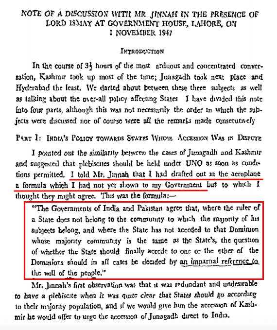 101/162Nov 1, 1947, Mountbatten visited Lahore to meet with Jinnah on latter's invitation. This meet yielded nothing of substance although it was the first official summit on Kashmir between the 2 new nations. Here, Jinnah declined Mountbatten's offer of plebiscite in Kashmir.