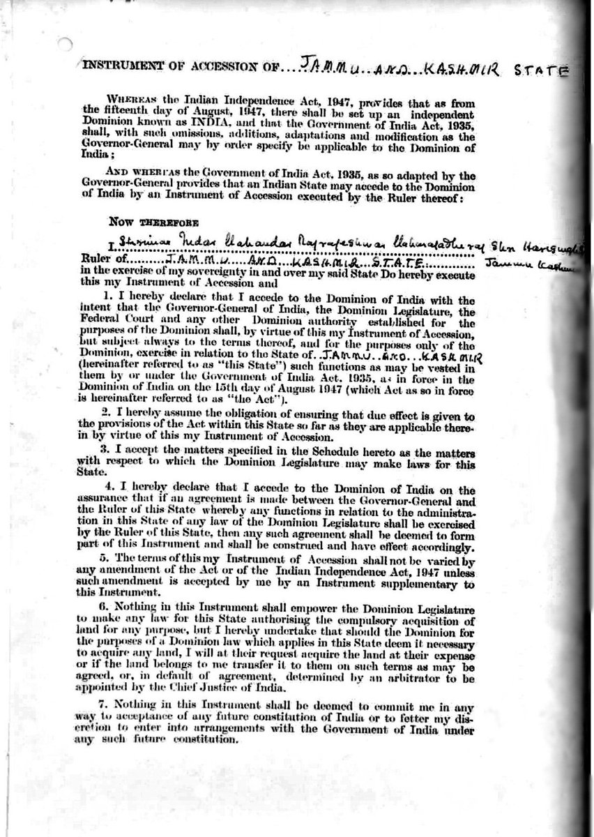 116/162At this point, it's important to take a step back and review the paper Hari Singh had signed under duress on the night of Oct 26, 1947.The Instrument of Accession.It was a 2-page document and came with 9 easy-to-read clauses. Take a look here.