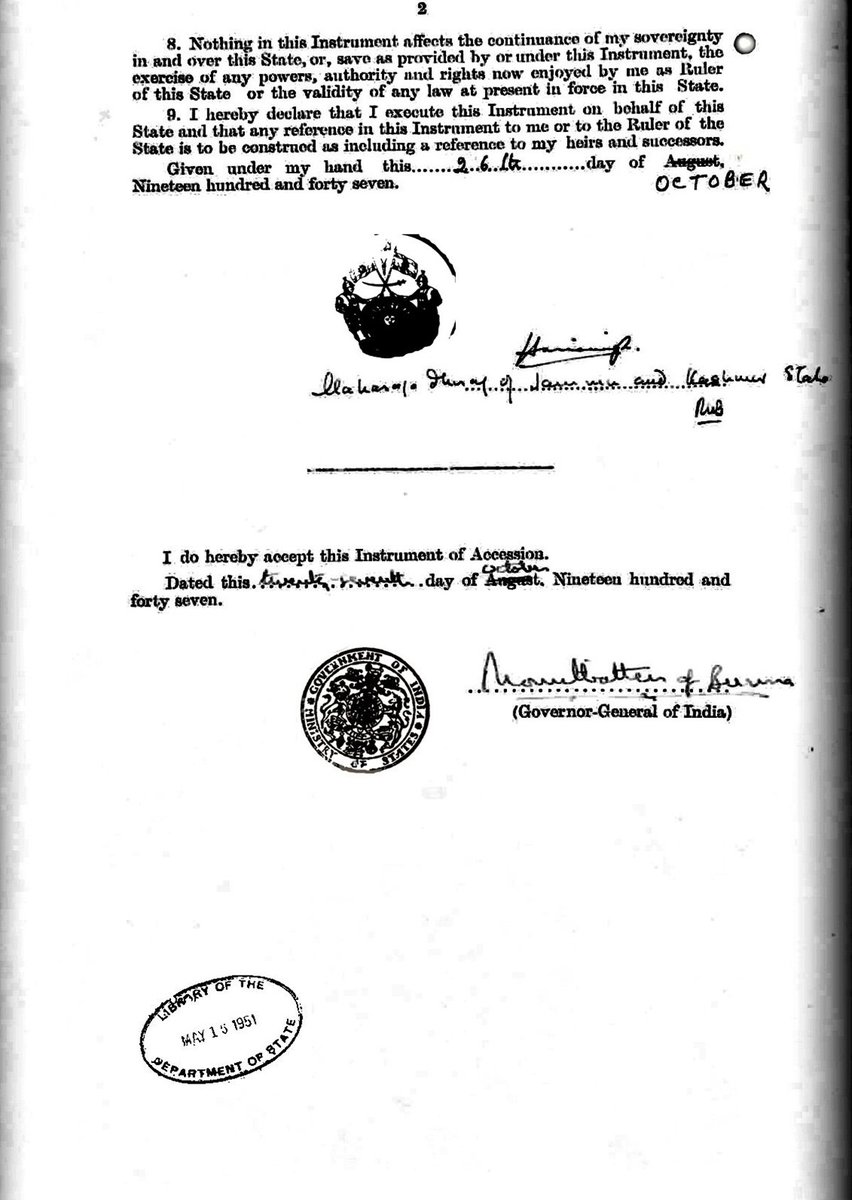 116/162At this point, it's important to take a step back and review the paper Hari Singh had signed under duress on the night of Oct 26, 1947.The Instrument of Accession.It was a 2-page document and came with 9 easy-to-read clauses. Take a look here.