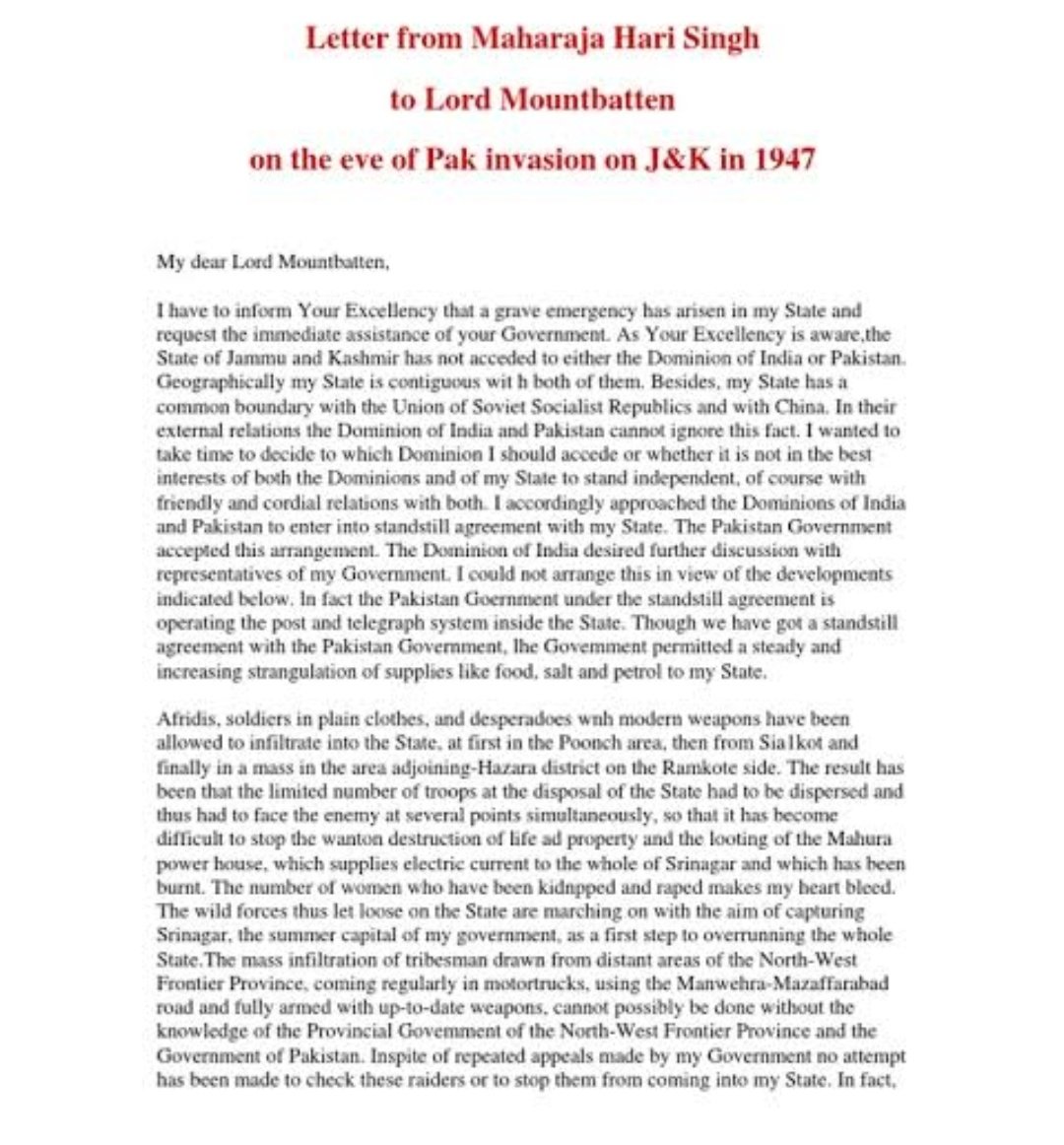 95/162This distraction at Baramulla bought the Maharaja 2 precious days of preparation. Baramulla's sacrifice wouldn't go in vain. Convinced he was cornered with no choice left, Hari Singh wrote to Mountbatten seeking urgent intervention on Oct 24.