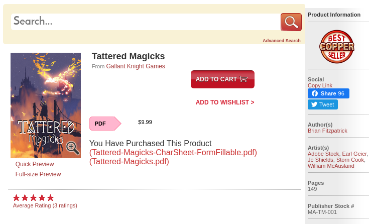moebiusadventrs's tweet photo. Amazing! Tattered Magicks has hit Copper Seller status at DTRPG in only 15 days! A new record for Moebius Adventures. It's almost like people like our game or something! :) Thanks all! #ttrpg #tatteredmagicks #inverse20 @DriveThruRPG #rpgcommunity https://t.co/A1RYssEIaF