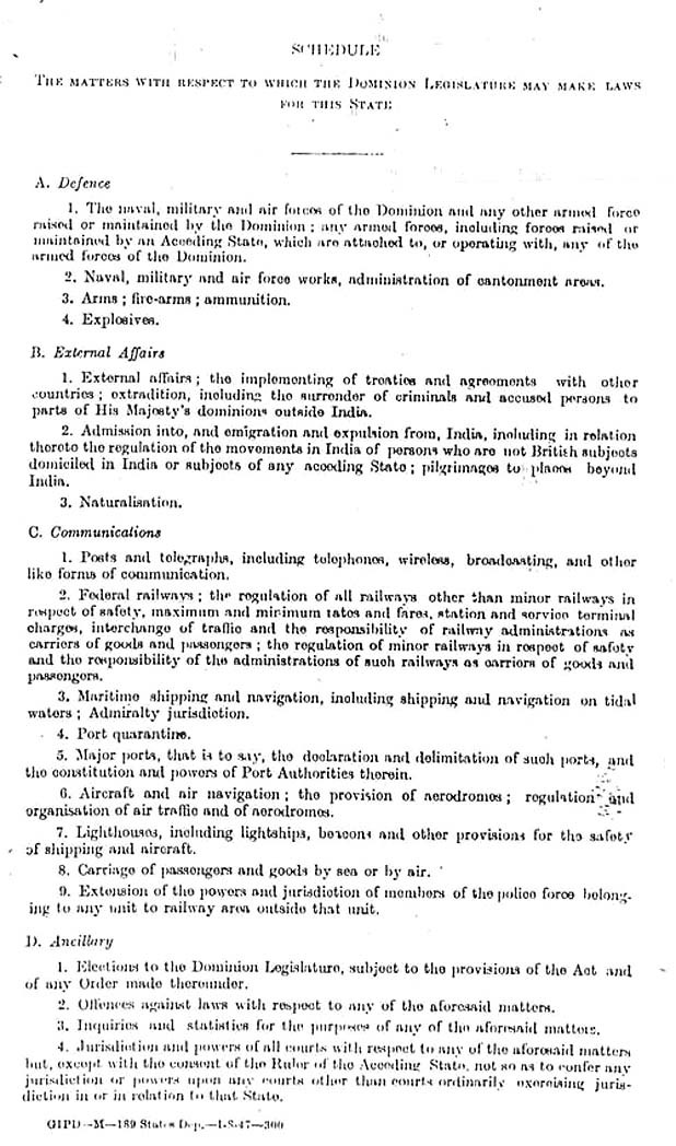 118/162In layman terms, clause 3 refers to a "schedule" of items and limits all Indian legislative actions to it. No laws unrelated to those items shall be binding on J&K. These items were:1. Defense,2. Foreign affairs,3. Communications, and4. Ancillary.