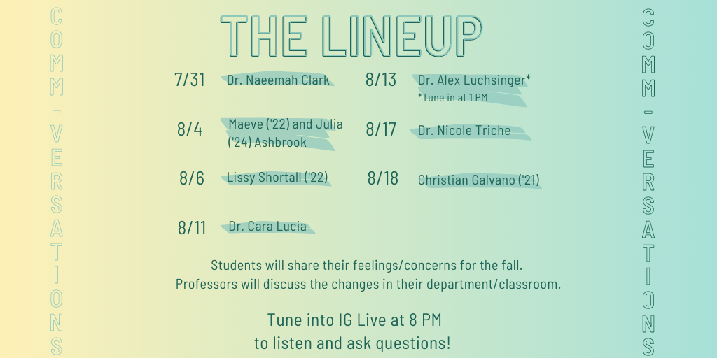 eloncommcollect's tweet photo. Check out the full lineup for our COMMversation Series on IG Live! Excited to hear from all of our upcoming guests on how we can #ProtectThisCOMMunity this fall! @maeve_ashbrook @LissyShortall @carawmcfadden @ntriche @cgalvanotv @eloncomm https://t.co/KDjJGfBwXu