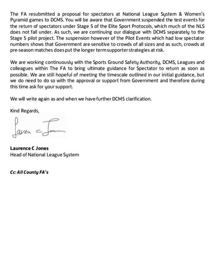 Ollie_Bayliss's tweet photo. BREAKING:

The FA has clarified the situation regarding fans at non-league:

All games involving any Step 1-7 club should be played behind closed doors.

The FA resubmitted a proposal to the DCMS which they hope will allow fans within the initially outline timescale (September). https://t.co/qOyys42DI1
