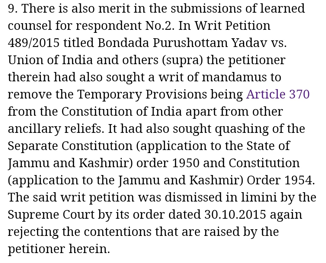155/162The same HC judgment also references in clause 9, a case from 2015 where the Supreme Court had dismissed a Bondada Purushottam Yadav's petition seeking court order to remove 370 and the J&K Constitution.