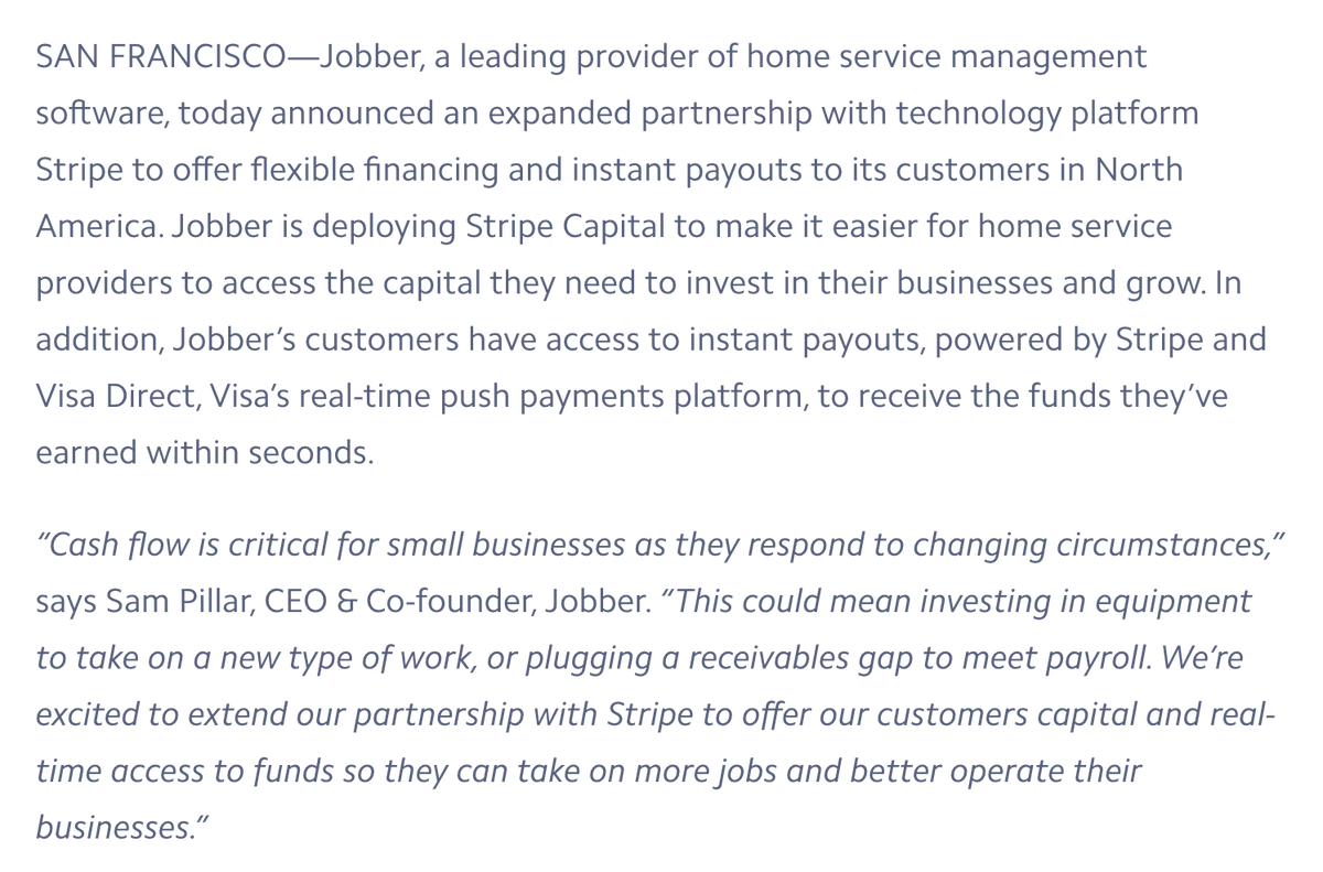 patrickc's tweet photo. You've had to put up with a lot of @Stripe content from me recently but this is legitimately very neat: https://t.co/dw446ZSqe3.

Stripe Capital doesn't just help Stripe businesses -- it also enables other platforms to boost *their* participants.

Capital as network. https://t.co/2j29dKXL8T