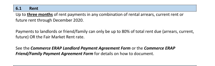 Tenants are eligible for up to three months of rent (back due, current, or future through December 2020). There seems to be a formula that caps the assistance at 80% total rent due or the “fair market value” though. (Photo from pgm guide:  https://m.box.com/shared_item/https%3A%2F%2Fdeptofcommerce.box.com%2Fs%2Fkb5sds2gv4yc9n931j1e7f1dikvlyub1/view/696873212517) (3/x)