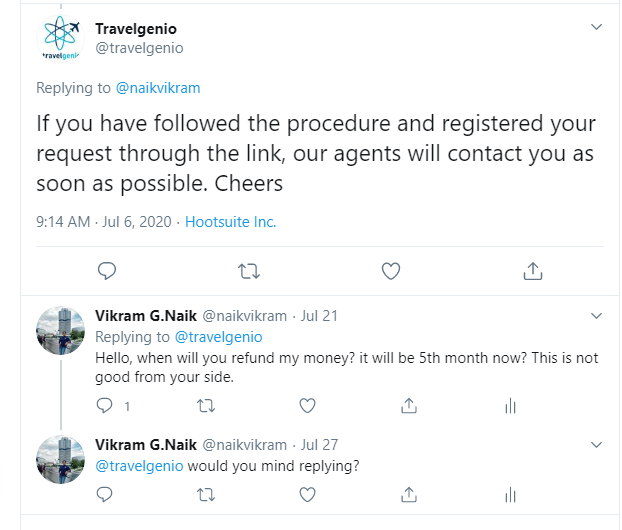 naikvikram's tweet photo. @travelgenio this is very unprofessional behaviour from you, THIS IS 6th MONTH SINCE I AM WAITING FOR MY REFUND !!  DON'T YOU HAVE A COURTESY TO REPLY? https://t.co/hk0z9melao
