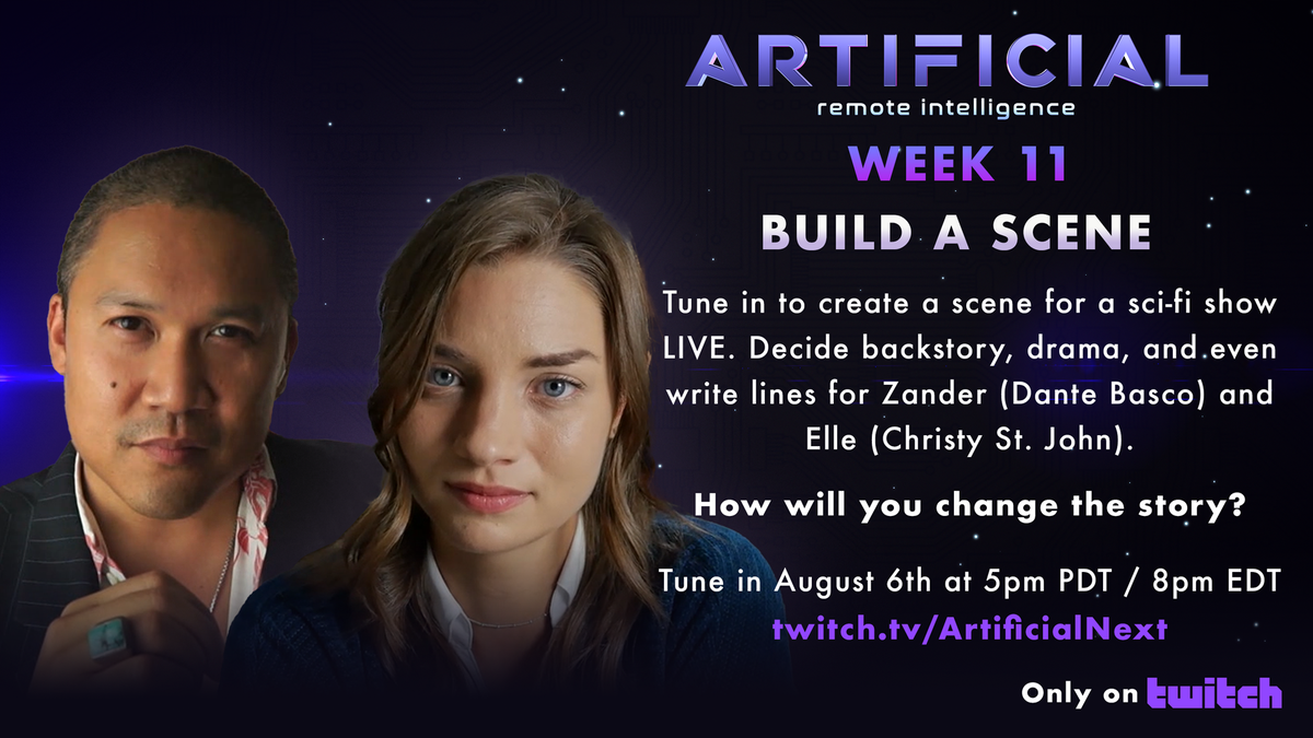 Watch LIVE as <a href="/dantebasco/">Dante Basco</a> and <a href="/Christy_StJohn/">Christy St. John</a> join <a href="/BernieSu/">Bernie Su</a> in creating a scene with YOU the <a href="/Twitch/">Twitch</a>  audience! #twitch #interactive #ArtificialIntelligence #NextLevel