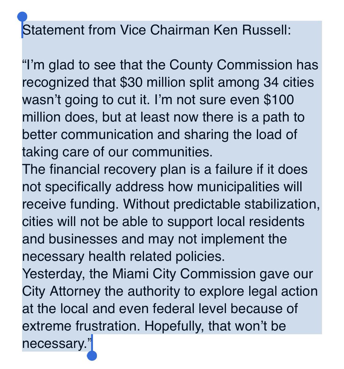 CBoomerVazquez's tweet photo. This Just In: statement from @kenrussellmiami 👇 re: @MiamiDadeCounty passing Commisioner Moss’ motion for $100 Million #CaresAct funding share with municipalities (of which $25Mill cap for #reliefprograms that would need county approval). https://t.co/VTS0a9iN2k