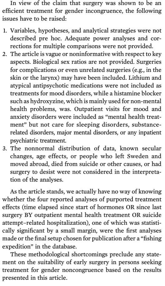SEGM advisor  @anckarsater, with Christopher Gillberg, pointed to methodological shortcomings that "preclude any statement on the suitability of early surgery" & emphasised the raised mental health needs of the transitioned population. https://doi.org/10.1176/appi.ajp.2020.19111117>>