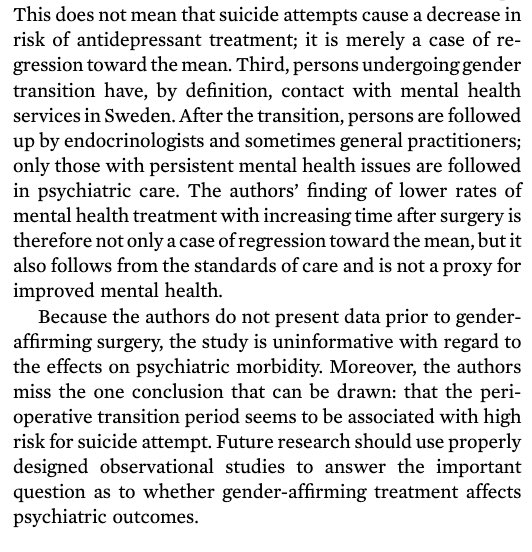 Mikael Landén said the authors merely "found what was already known": higher mental health needs of this vulnerable group vs general popn; but they didn't highlight special risk during the peri-operative transition period. https://doi.org/10.1176/appi.ajp.2020.19111165>>