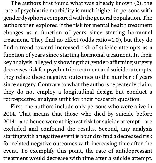 Mikael Landén said the authors merely "found what was already known": higher mental health needs of this vulnerable group vs general popn; but they didn't highlight special risk during the peri-operative transition period. https://doi.org/10.1176/appi.ajp.2020.19111165>>