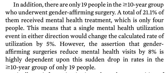 SEGM advisors  @will_malone &  @Sven_Roman drew attention to the claimed 8% annual reduction in post-surgery mental health treatments. In fact, after the 1st yr there was hardly a reduction until after 10 yrs, when the sample size was just 4 people. https://doi.org/10.1176/appi.ajp.2020.19111149>>