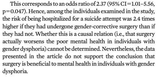  @AgnesWold observed that the risk of suicide attempts in the population who had undergone surgery was actually 2.4 higher than in those who had no surgery. https://doi.org/10.1176/appi.ajp.2020.19111170>>