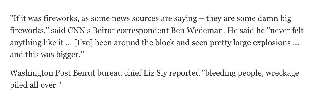 so now let’s check the news and see what the official explanations sayUSA Today’s reporting seems to want to focus on the history of violence in Lebanon, and vastly underestimates the blast radius