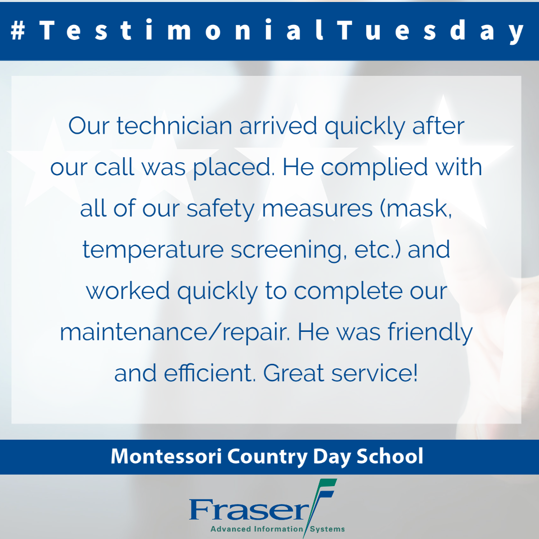 FraserAIS's tweet photo. On this rainy #TestimonialTuesday, we are so thankful to Montessori Country Day School for their kind feedback! We are thrilled you had an amazing #CustomerExperience and appreciate you doing business with us. #weloveourcustomers #whyFraser #FraserDifference https://t.co/i9nTyxF7ja