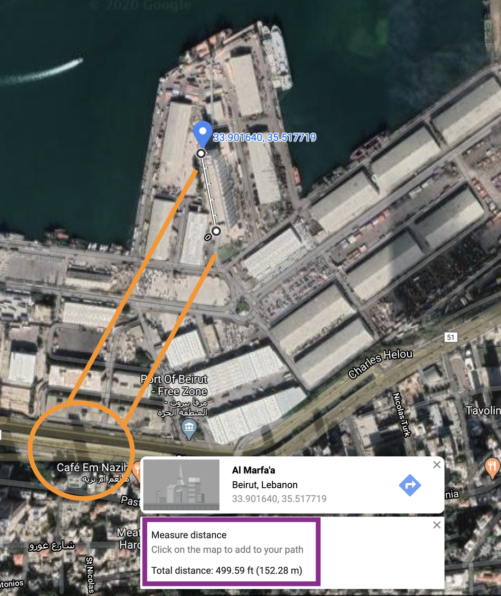 In order to estimated the explosion radius sizes from the video stills I determined the size of the building next to the explosion using  @googlemaps. The orange circle is an estimate where the video above was taken from. The building is 500ft in length.