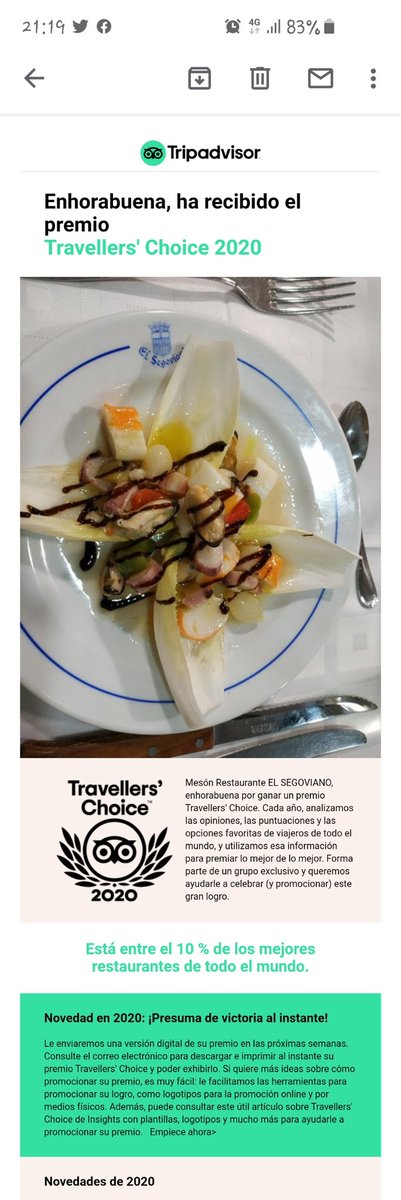 SEGOMADRID's tweet photo. Estamos de enhorabuena, nos han dado el premio Travellers Choice de TripAdvisor por estar entre el 10% de los mejores restaurantes del Mundo https://t.co/51KAAysxdk
